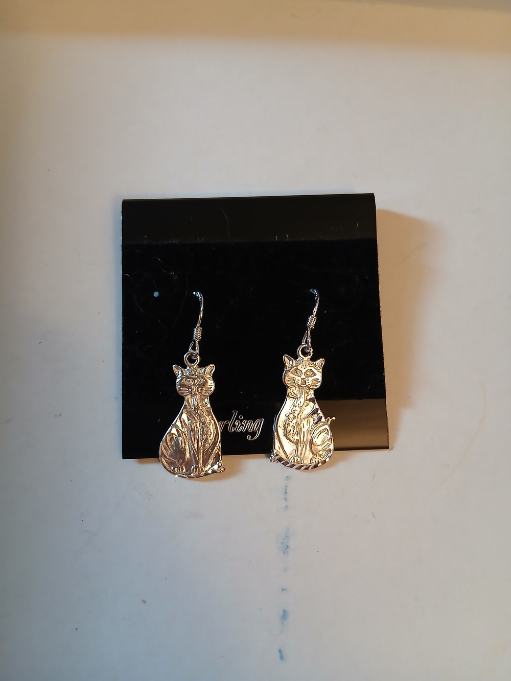 Silver Cat Dangle Earrings - Unbranded